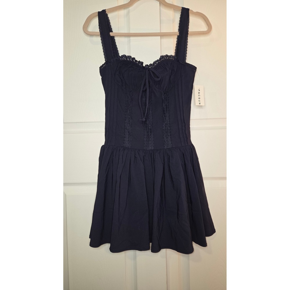 Beverly and Beck PacSun Navy Blue Lace Trim Bustier Smocked Mini Dress Small NEW